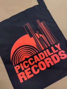 Piccadilly Records - Black Tote Bag - Orange Print - Extra Long Handle