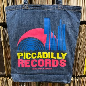 Image of Piccadilly Records - Denim Tote Bag - Pink / Yellow / Blue Print