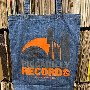 Image of Piccadilly Records - Denim Tote Bag - Orange / Grey / Black Print